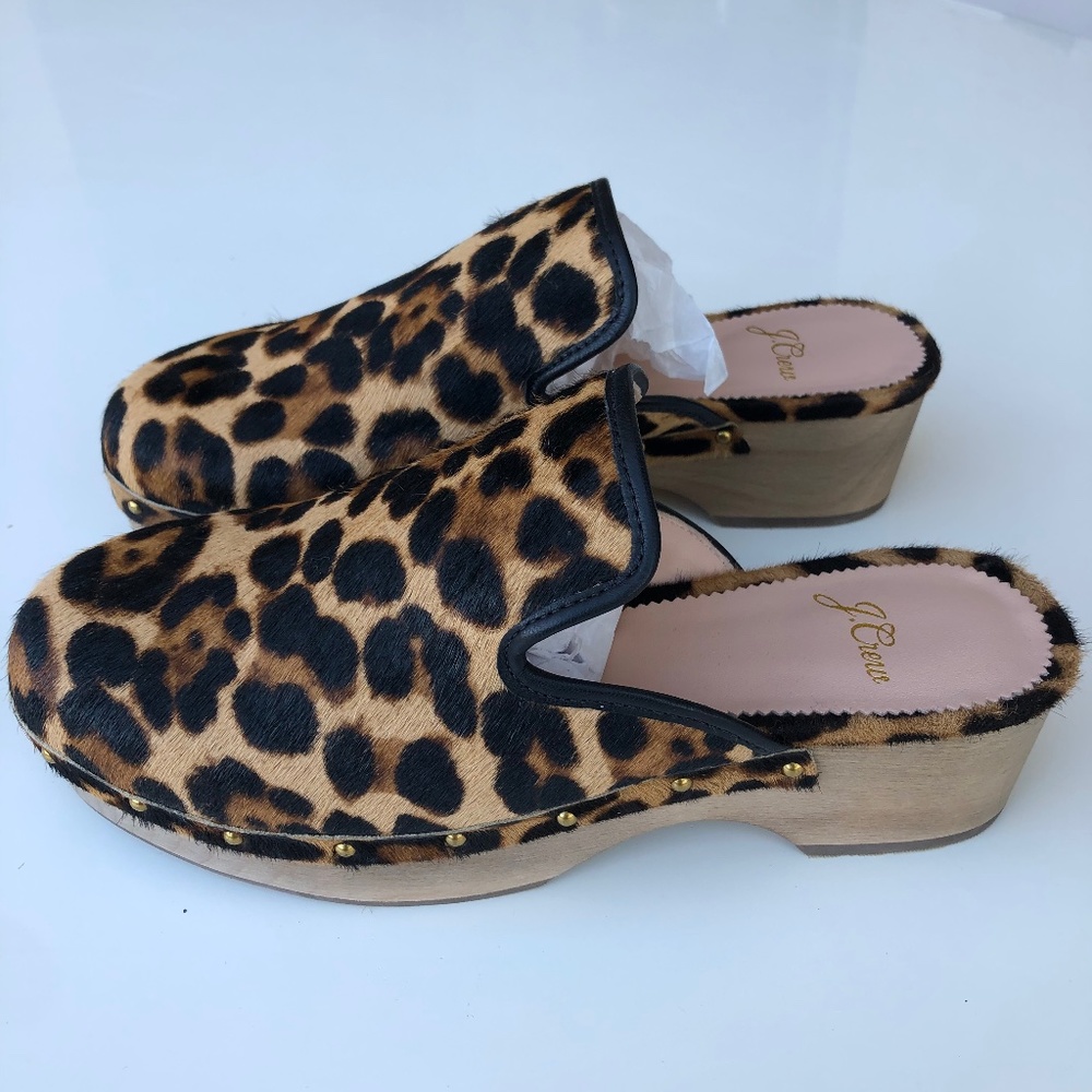 J Crew Leopard Calf Hair Clogs